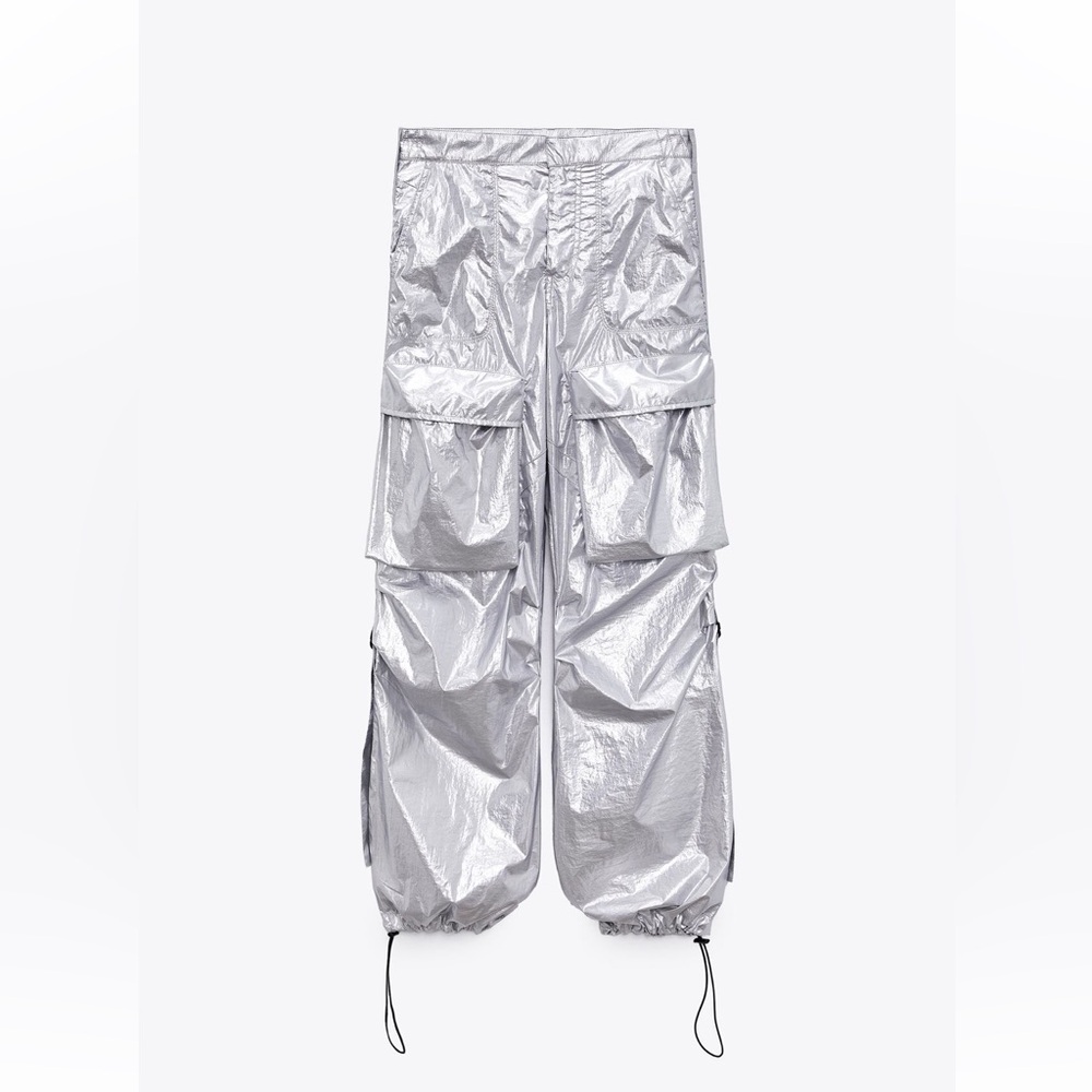 Zara | Metallic Silver Parachute Cargo Pants